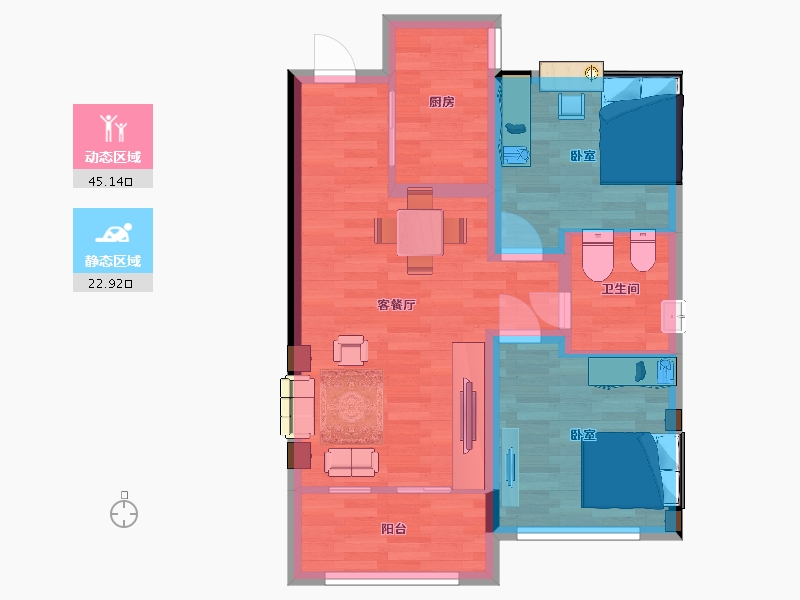 山东省-青岛市-鑫源珺府A1户型75㎡-60.52-户型库-动静分区