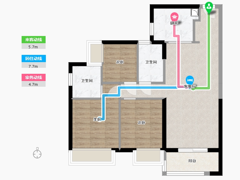 湖南省-长沙市-时代年华1-6，9，12-15，16号楼96.1㎡户型-70.43-户型库-动静线