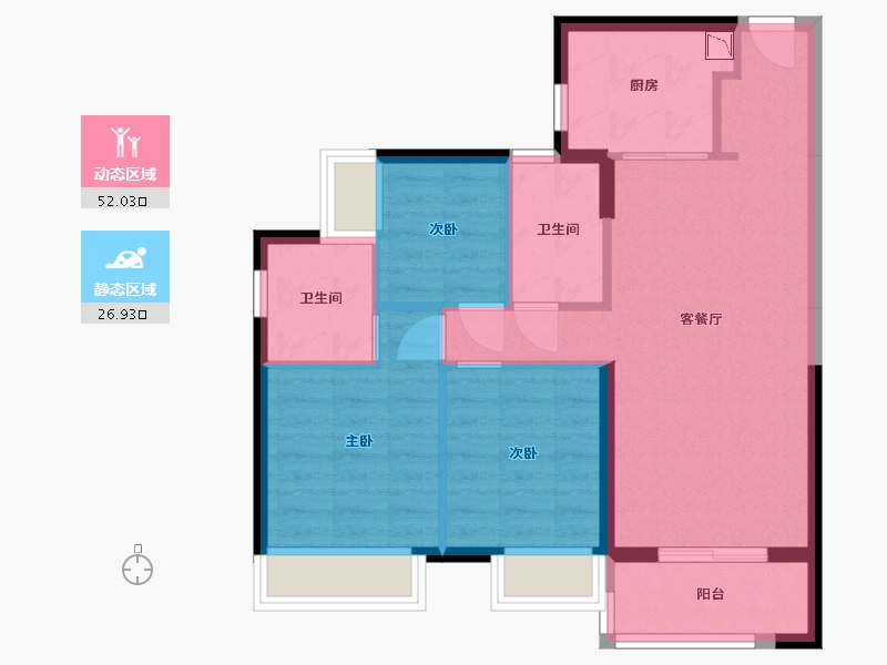 湖南省-长沙市-时代年华1-6，9，12-15，16号楼96.1㎡户型-70.43-户型库-动静分区