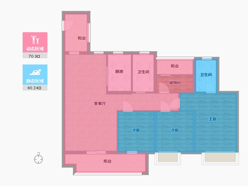 湖南省-长沙市-湾田望江府5,9栋A户型131m²-98.73-户型库-动静分区