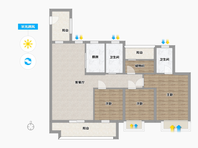 湖南省-长沙市-湾田望江府5,9栋A户型131m²-98.73-户型库-采光通风