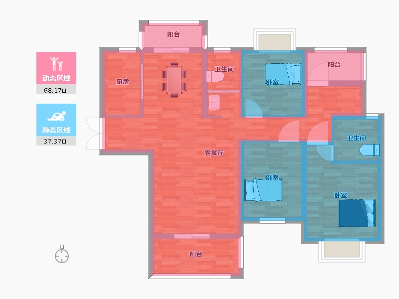 湖南省-长沙市-佳俊万家府1,2栋B3户型128m²-93.75-户型库-动静分区