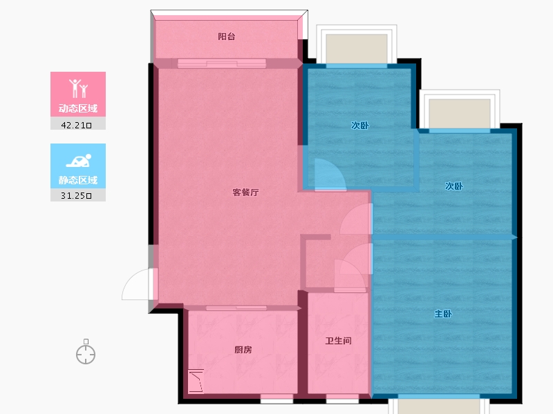 湖南省-长沙市-长沙恒大文化旅游城48栋2单元08户型88m²-65.78-户型库-动静分区