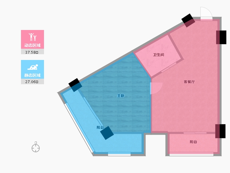 湖南省-长沙市-时代2号楼,2栋A3户型14房73m²-58.22-户型库-动静分区