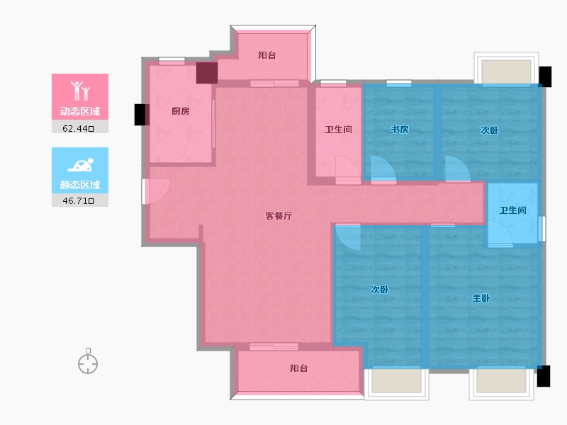 湖南省-长沙市-福天星中心C2户型134m²-97.33-户型库-动静分区