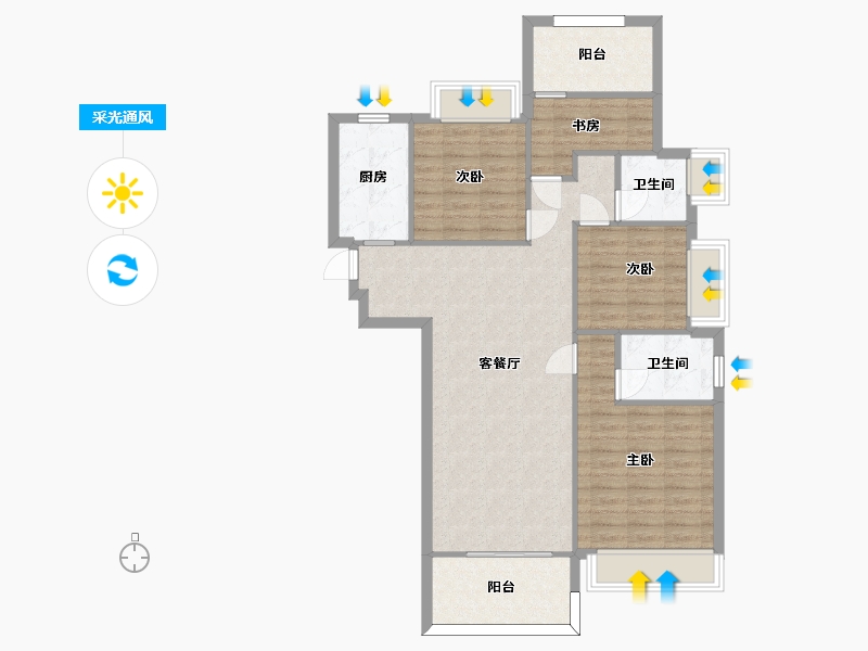 湖南省-长沙市-南益名士豪庭21,22栋C1户型126m²-96.69-户型库-采光通风