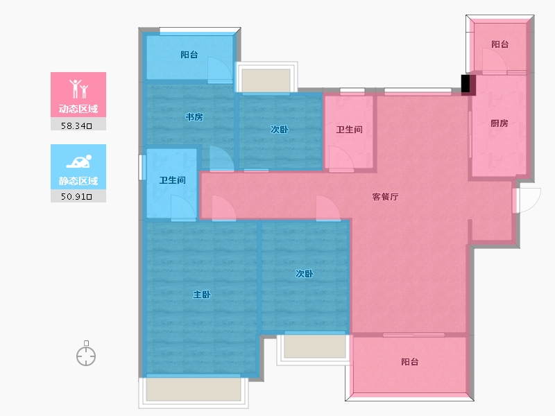 湖南省-长沙市-南益名士豪庭22栋C2户型129m²-99.06-户型库-动静分区