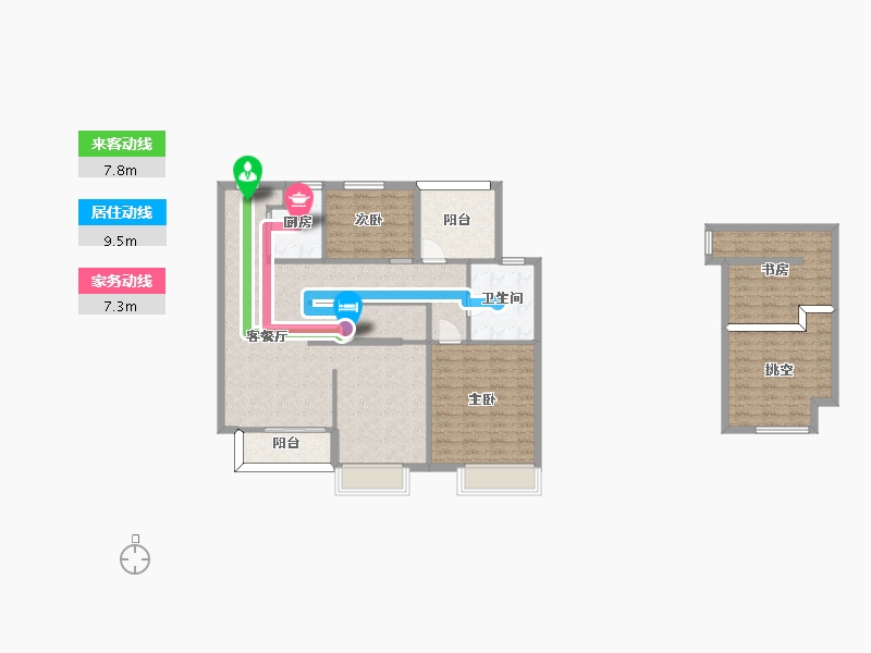 湖南省-长沙市-卓越青竹湖6栋,5栋B2户型129m²-114.23-户型库-动静线