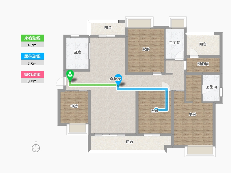 湖南省-长沙市-楚天逸品三期1,7,8,9栋D-1户型168m²-134.74-户型库-动静线