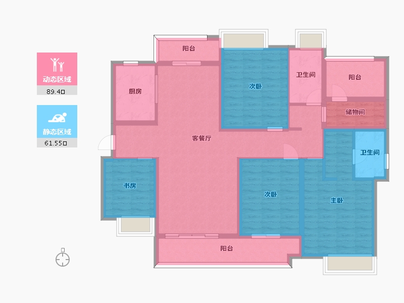 湖南省-长沙市-楚天逸品三期1,7,8,9栋D-1户型168m²-134.74-户型库-动静分区