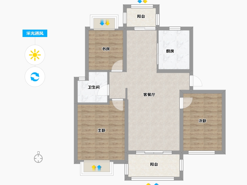 江苏省-南京市-大地伊丽雅特湾建面104m²-81.24-户型库-采光通风