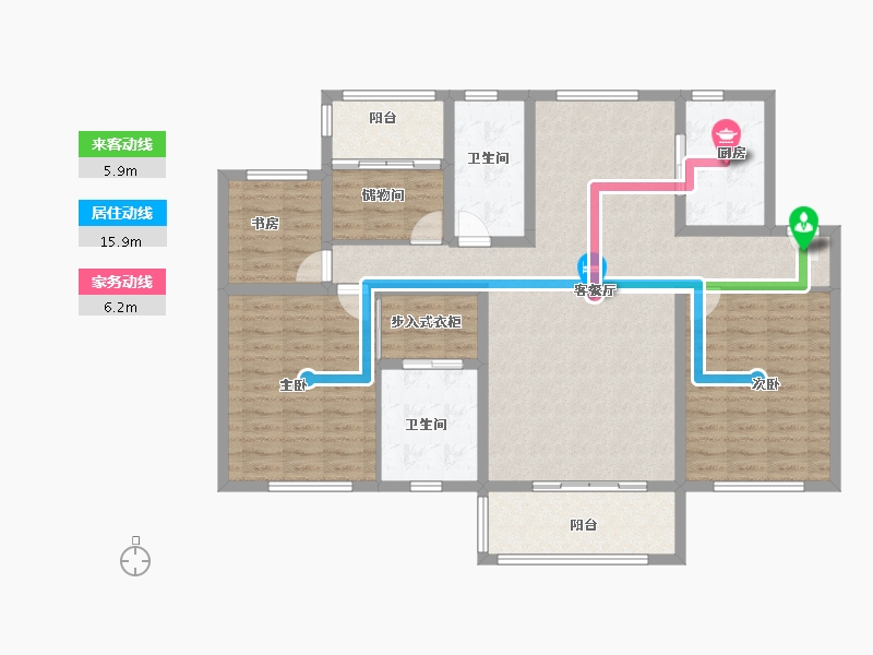 江苏省-南京市-仁恒公园世纪6幢建面152m²-121.60-户型库-动静线