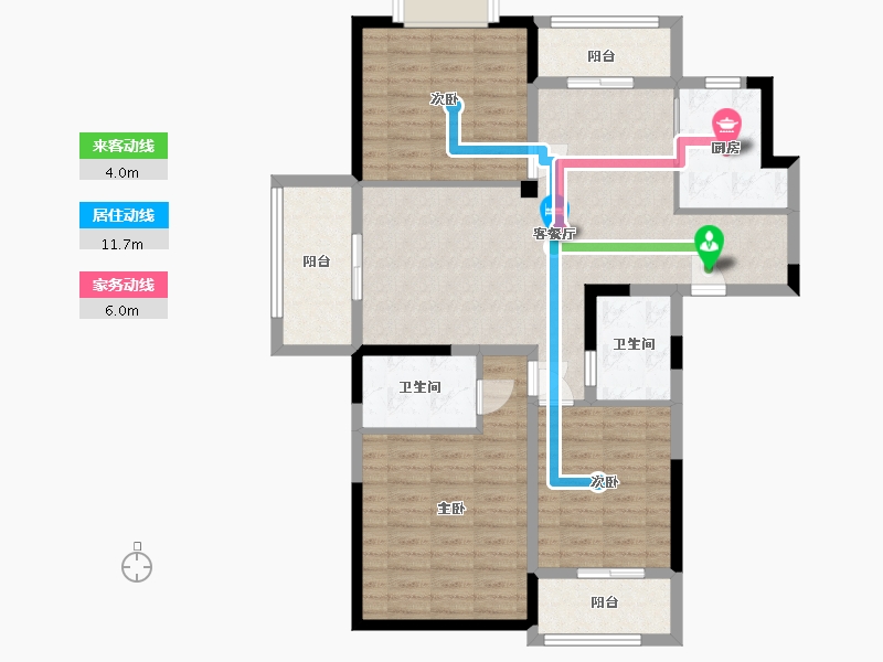 江苏省-南京市-荣盛鹭岛荣府A2户型户型131m²-104.96-户型库-动静线