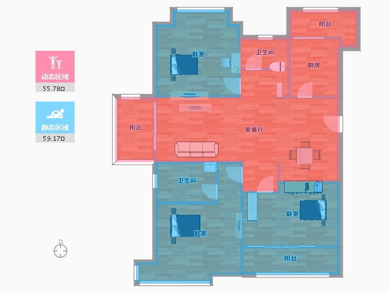 江苏省-南京市-荣盛鹭岛荣府A3户型132m²-105.59-户型库-动静分区