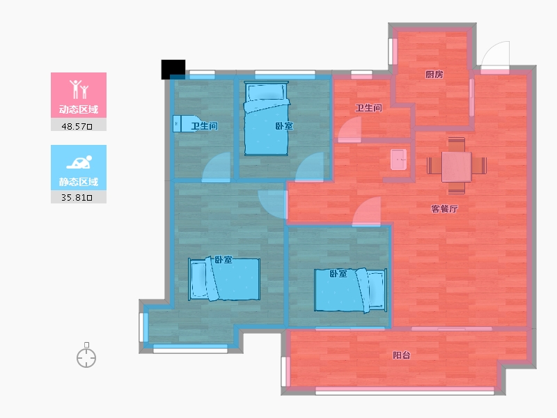 江苏省-南京市-荣盛茉湖书苑3号楼C户型95m²-76.00-户型库-动静分区