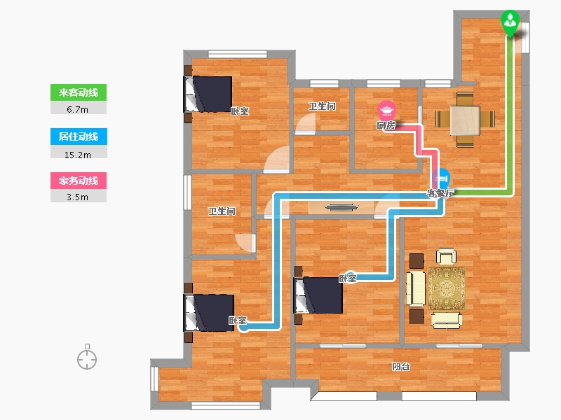 江苏省-南京市-荣盛昱龙府龙池御府E1户型122m²-97.89-户型库-动静线