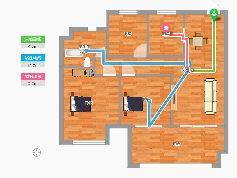 江苏省-南京市-茉里茉里1幢,2幢,4幢A户型90m²-71.99-户型库-动静线