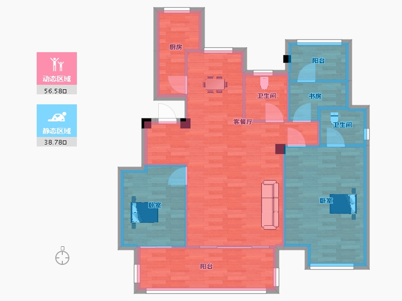 江苏省-南京市-茉里茉里1幢,2幢,4幢D户108m²-86.00-户型库-动静分区