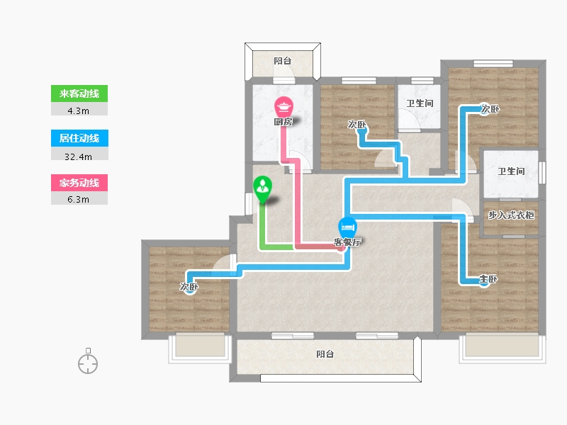 湖南省-长沙市-保利东郡6,7,8号楼D户型144m²-107.95-户型库-动静线