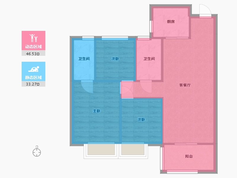 湖南省-长沙市-敏捷珑玥府4栋,5栋,6栋,7栋E户型96m²-72.40-户型库-动静分区