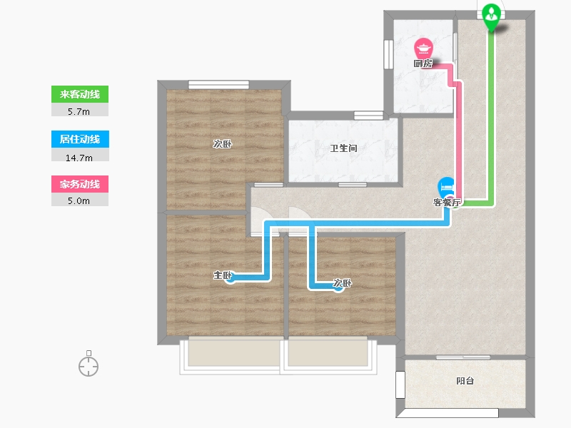 湖南省-长沙市-金地艺境G1栋C-1户型96m²-76.80-户型库-动静线