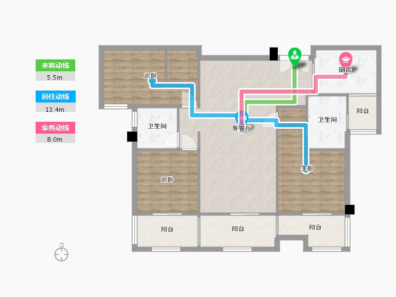 湖南省-长沙市-东能华府5,6号楼D户型122m²-110.22-户型库-动静线