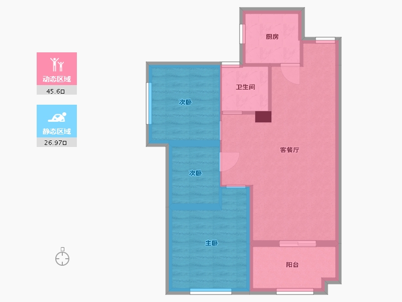 湖南省-长沙市-佛奥康桥水岸5，7，4号楼E3户型83m²-64.50-户型库-动静分区