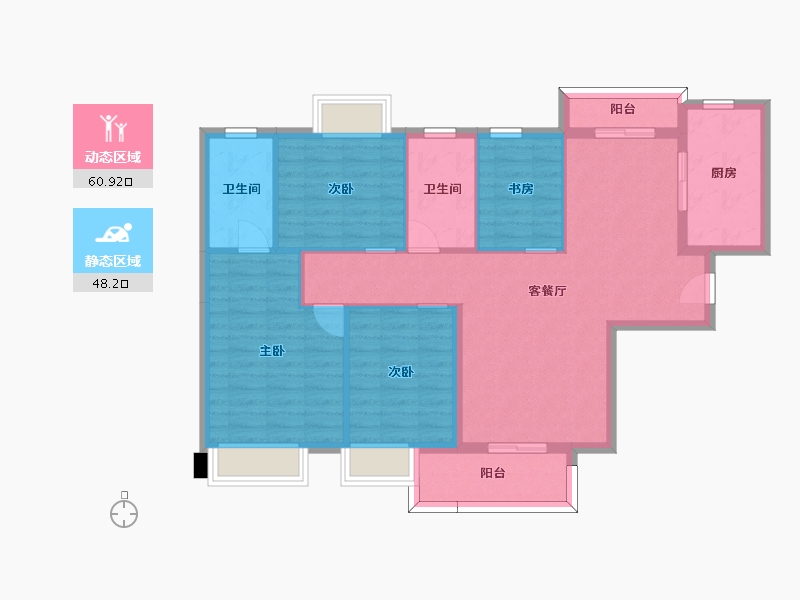 湖南省-长沙市-福天星中心4，3，2，5号楼C1户型134m²-98.24-户型库-动静分区