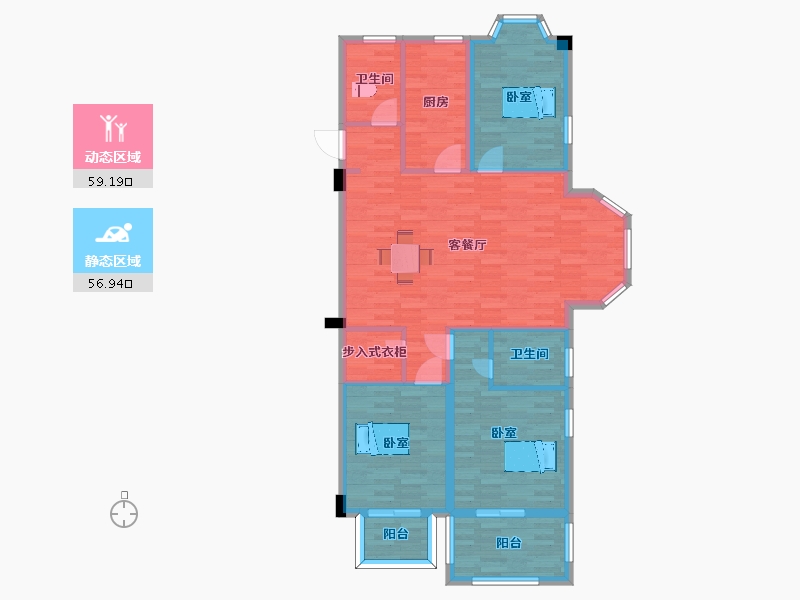 江苏省-南京市-卧龙湖小镇D户型132m²-104.97-户型库-动静分区