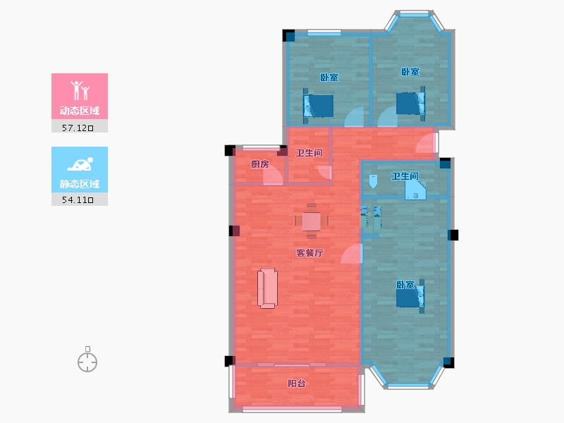 江苏省-南京市-卧龙湖小镇伴湖居11，15，19幢128m²-101.96-户型库-动静分区