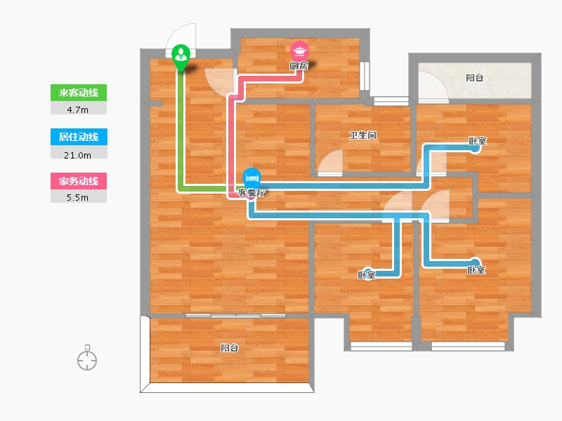 江苏省-南京市-卓越景枫蔚蓝郡1幢,2幢,3幢,5幢D户型89m²-71.19-户型库-动静线