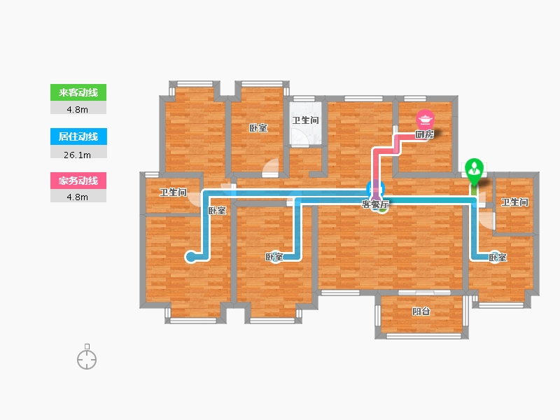 江苏省-南京市-爱涛天禧明庭H户型161m²-132.61-户型库-动静线