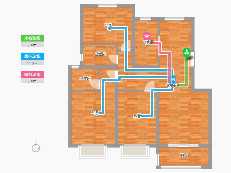 江苏省-南京市-望景名府1,3,4,2,5,6幢B户型118m²B户型118m²-95.91-户型库-动静线