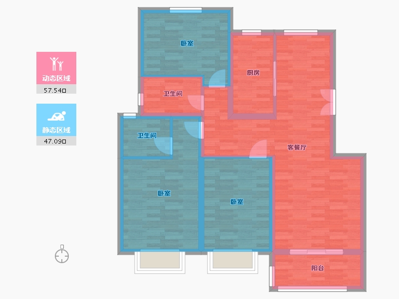 江苏省-南京市-望景名府1,3,4,2,5,6幢B户型118m²B户型118m²-95.91-户型库-动静分区