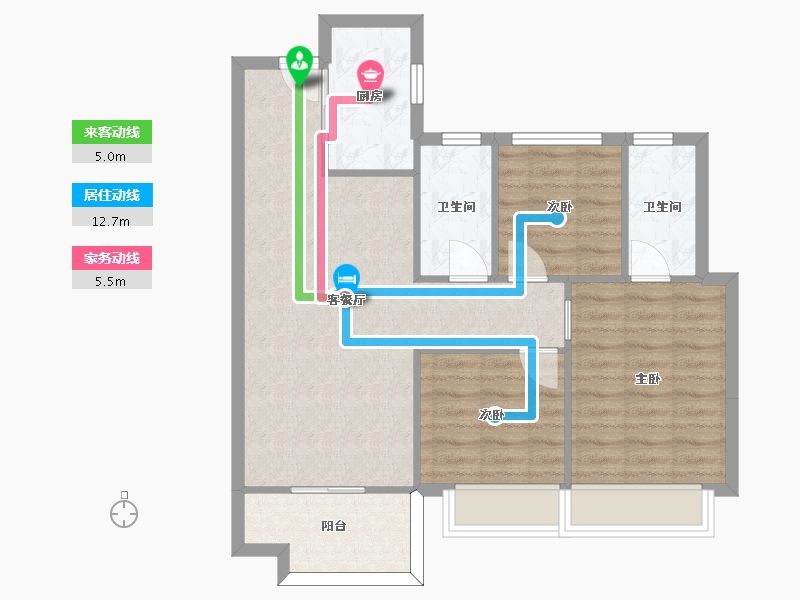 湖南省-长沙市-碧桂园翘楚棠Y1,Y2,Y5栋95㎡户型-74.00-户型库-动静线