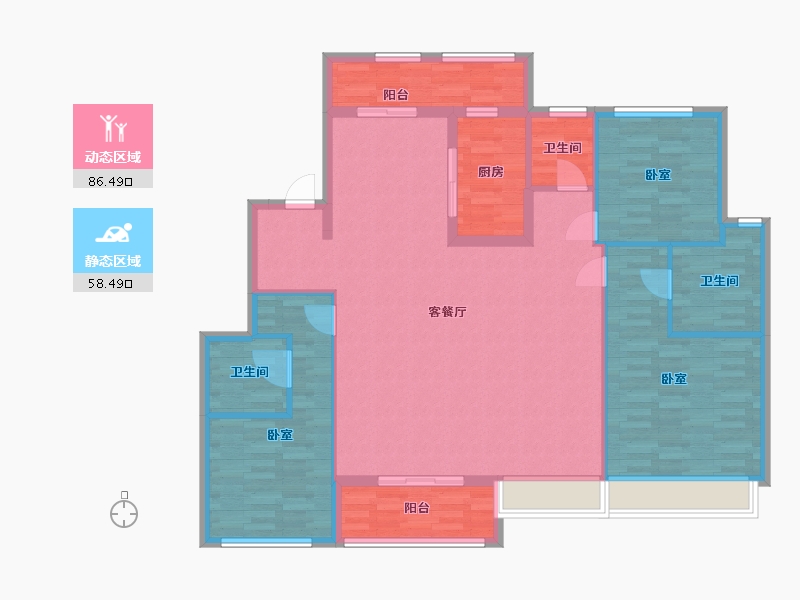 江苏省-南京市-高淳雅园61幢,65幢E1户型165m²-132.39-户型库-动静分区