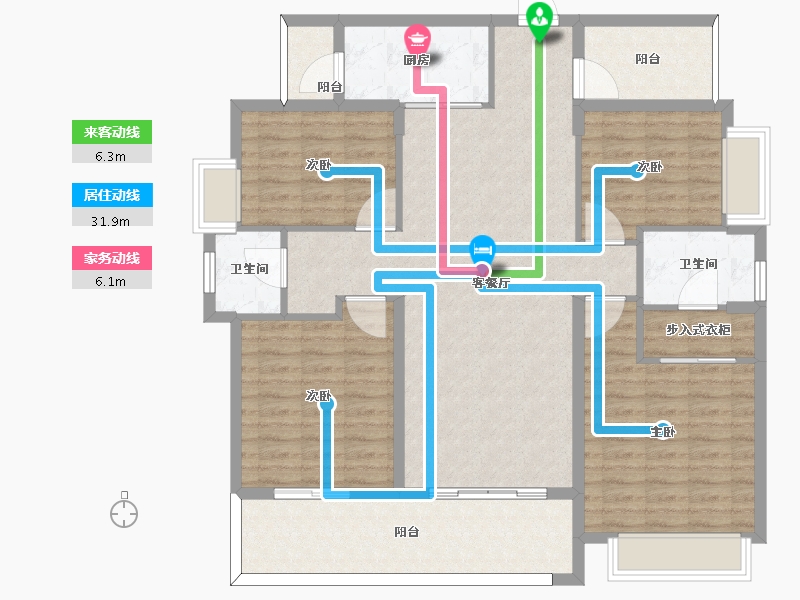 湖南省-长沙市-中欣楚天御府1,7,8,9栋C-1户型158m²-126.40-户型库-动静线