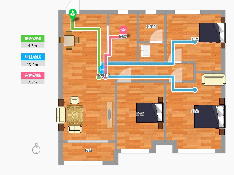 江苏省-南京市-荣盛花语馨城B2户型85m²-67.99-户型库-动静线