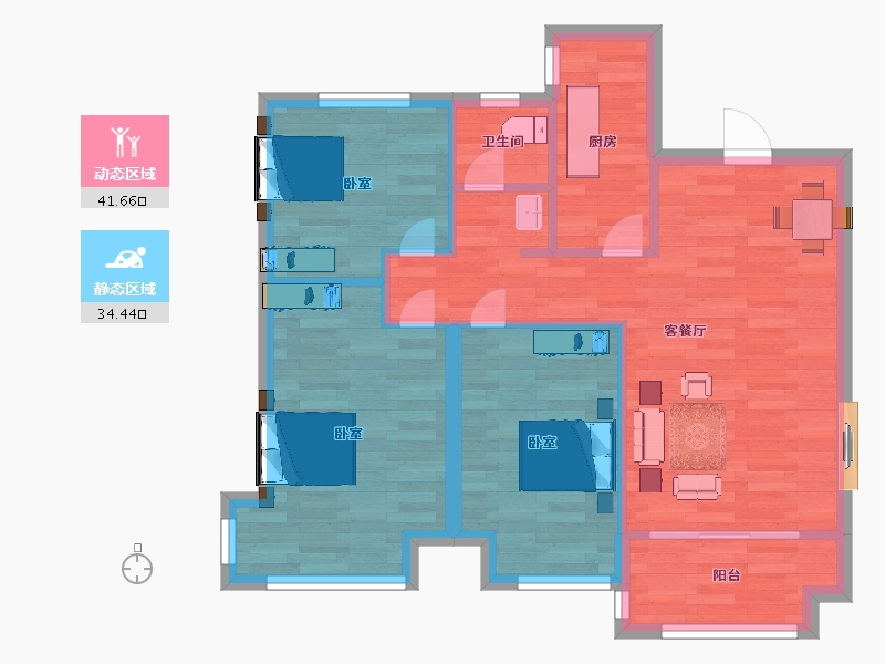 江苏省-南京市-荣盛花语馨城B户型85m²-68.00-户型库-动静分区