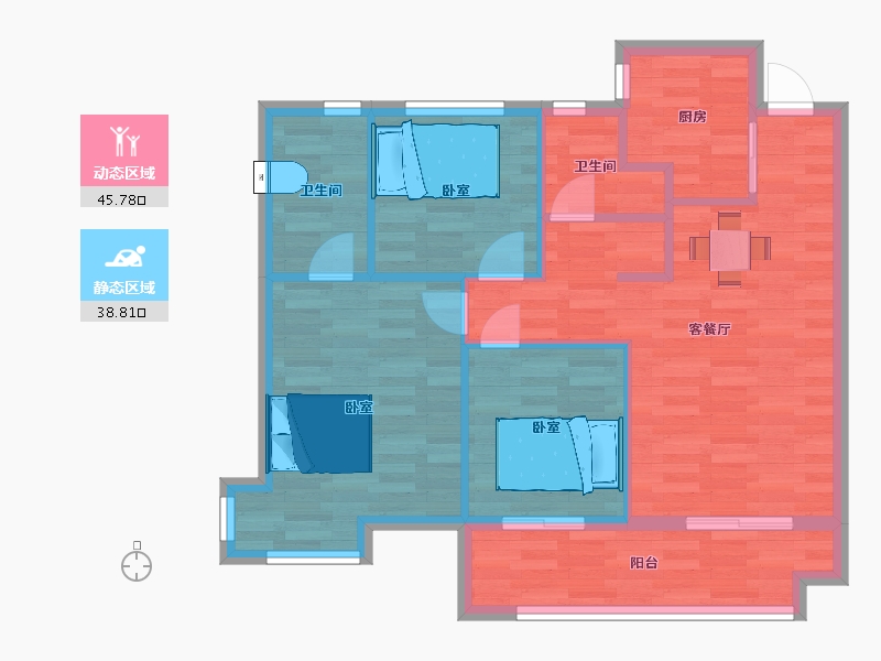 江苏省-南京市-荣盛花语馨城C户型95m²-76.00-户型库-动静分区