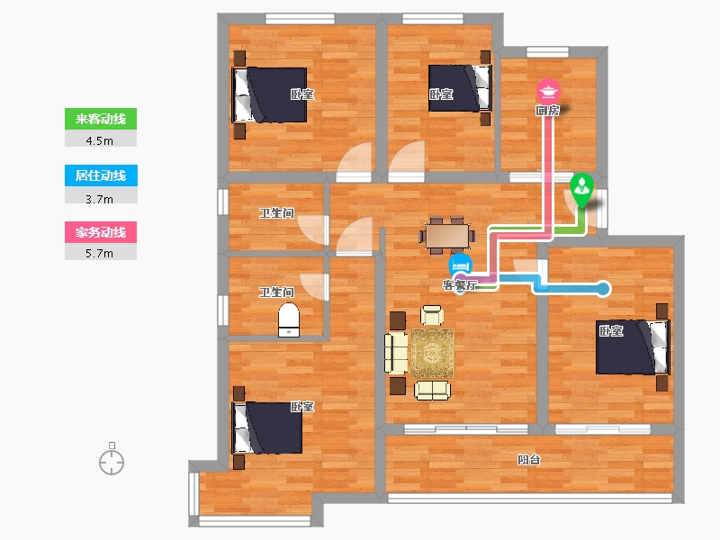 江苏省-南京市-荣盛花语馨城D户型118m²-94.39-户型库-动静线