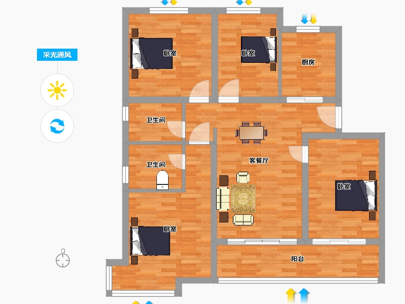 江苏省-南京市-荣盛花语馨城D户型118m²-94.39-户型库-采光通风