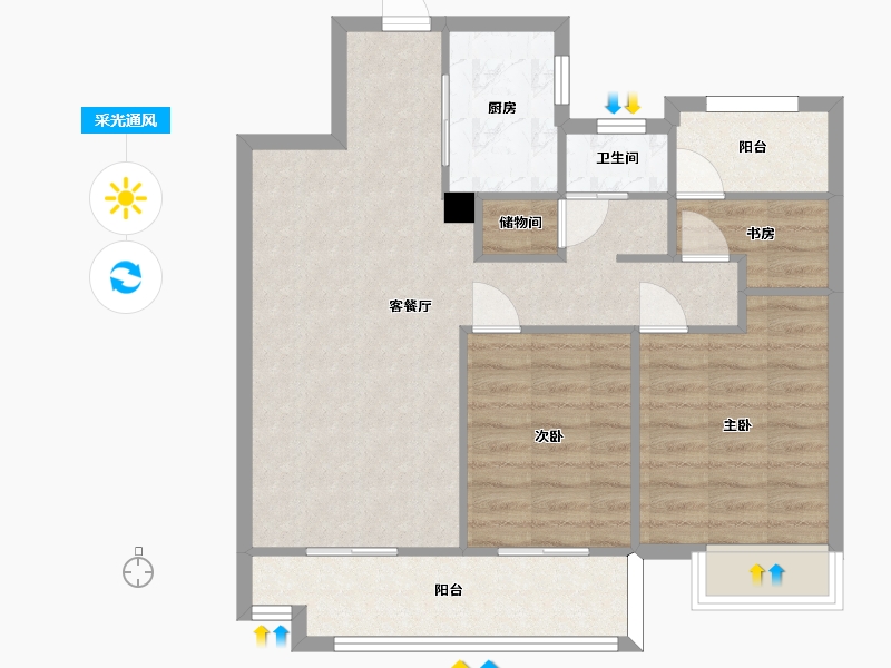 湖南省-长沙市-澳海文澜府1,2号栋建面91㎡-75.52-户型库-采光通风