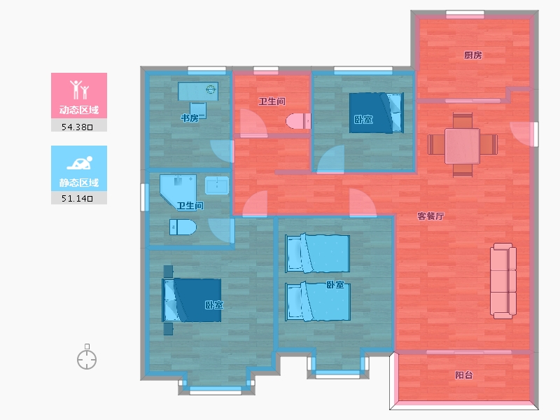 江苏省-南京市-银城旭辉云台天境1幢,4幢,6幢B2户型120m²-96.00-户型库-动静分区