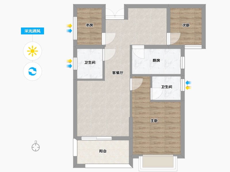 湖南省-长沙市-帝辰金缇水郡6栋建面89㎡-64.17-户型库-采光通风