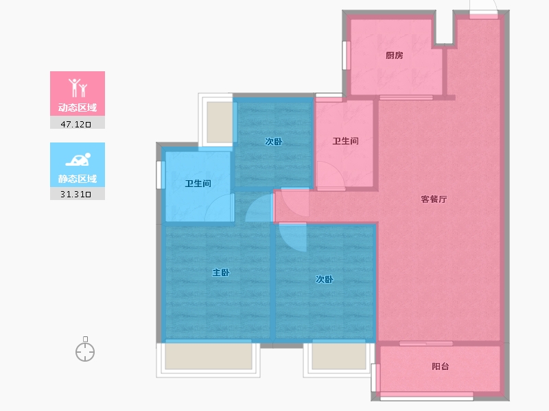 湖南省-长沙市-时代年华1,2,3,4,5,6,9,12,13,14,15,15,16号楼建面96㎡-70.95-户型库-动静分区