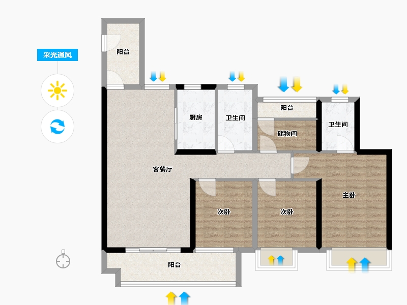 湖南省-长沙市-湾田望江府13栋8栋建面130㎡-97.40-户型库-采光通风