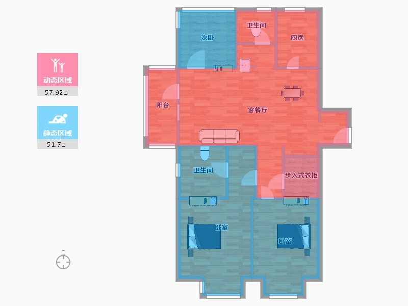 江苏省-南京市-朗诗玲珑郡1,4,3C2户型124m²-98.99-户型库-动静分区