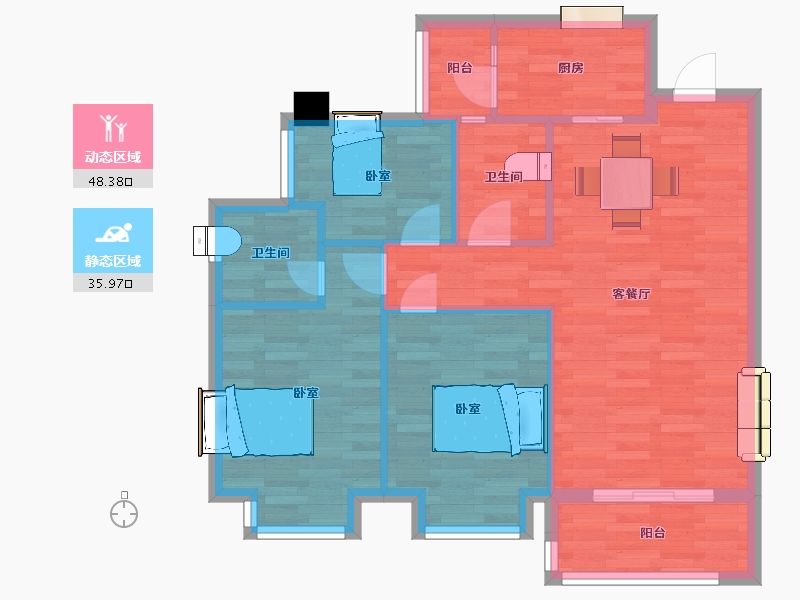 四川省-成都市-中洲天府珑悦1号楼,3号楼B户型95m²-75.99-户型库-动静分区