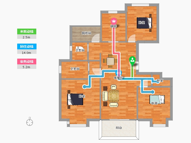 江苏省-南京市-红豆香江华庭2幢，C户型110m²-88.00-户型库-动静线